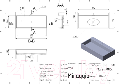 Умывальник Miraggio Mares Matt 800