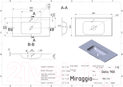 Умывальник Miraggio Della Matt 900