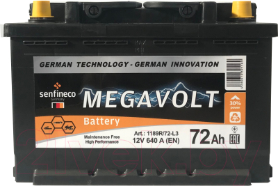 

Автомобильный аккумулятор Senfineco, Megavolt 1189R/72-L3