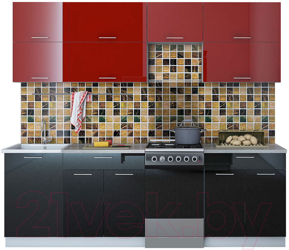 Готовая кухня Интерлиния Мила Gloss 50-24 (бордовый/черный)