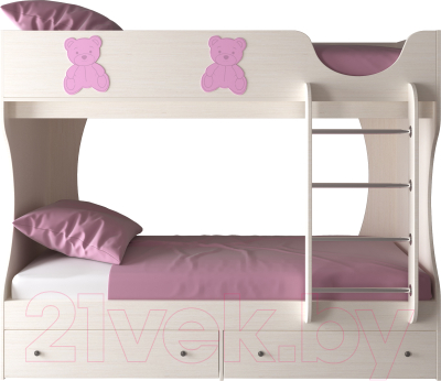 Двухъярусная кровать детская Артём-Мебель СН 108.01 (сосна/мишутка/розовый металлик)