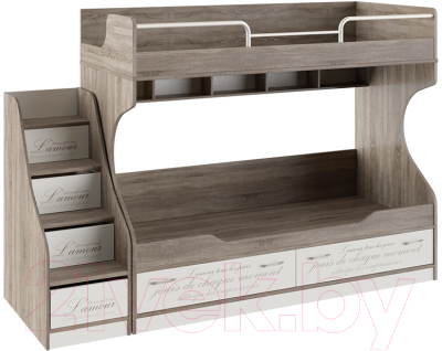 Двухъярусная кровать ТриЯ Брауни СМ-313.11.001 с приставной лестницей (беж с рисунком/дуб сонома трюфель)