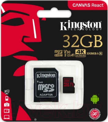 Карта памяти Kingston Canvas React microSDHC 32GB (SDCR/32GB) + адаптер