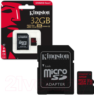 Карта памяти Kingston Canvas React microSDHC 32GB (SDCR/32GB) + адаптер