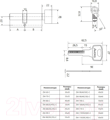 Цилиндровый механизм замка Avers ZM-70-C-BLM