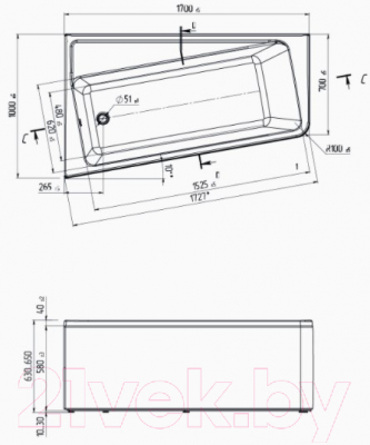 Ванна акриловая 1Марка Direct 170x100 R (с каркасом)