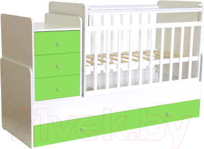Детская кровать-трансформер Polini Kids Simple 1111 с комодом (белый/лайм)