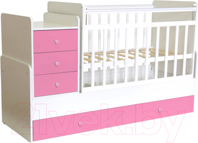 Детская кровать-трансформер Polini Kids Simple 1111 с комодом (белый/розовый)
