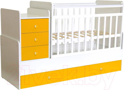 Детская кровать-трансформер Polini Kids Simple 1111 с комодом (белый/желтый)