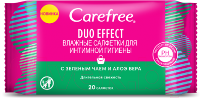 Влажные салфетки для интимной гигиены Carefree Duo Effect с зеленым чаем и алоэ вера (20шт)