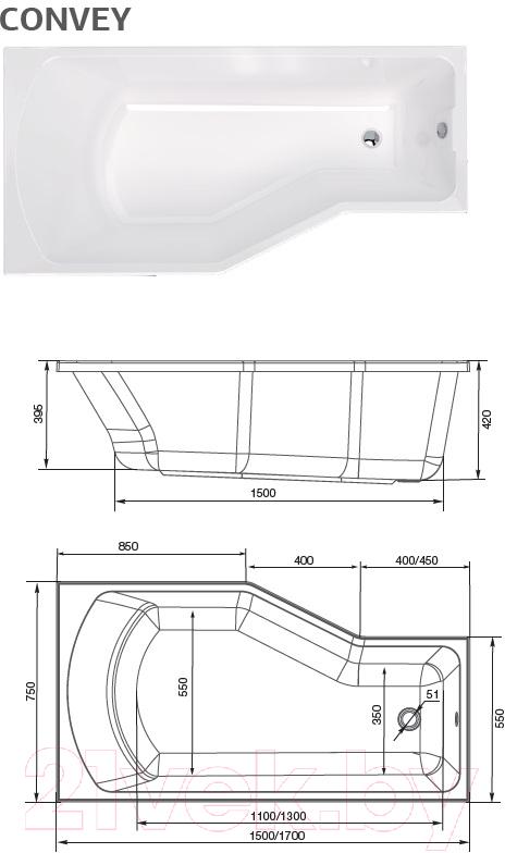 Ванна акриловая 1Марка Convey 170x75 L