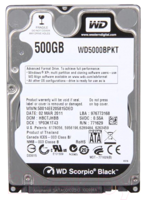 

Жесткий диск Western Digital, Scorpio Black 500GB (WD5000BPKT)