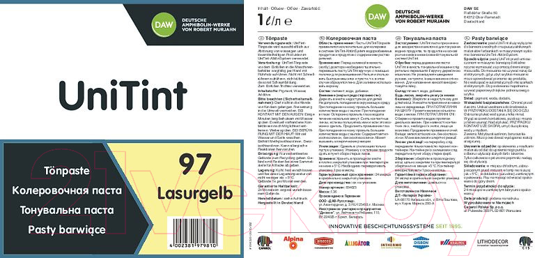 Колеровочная краска Alpina UniTint Abtoenpaste 97 Lasurgelb (1л, прозрачный желтый)