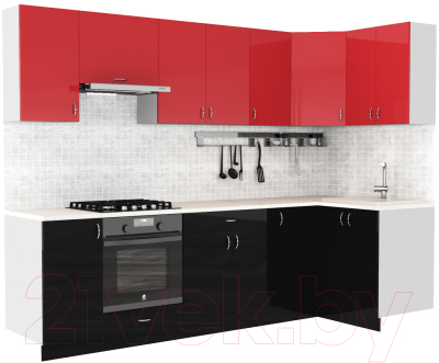 Готовая кухня S-Company Клео глосc 1.2x2.8 правая (черный глянец/красный глянец)
