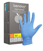 Перчатки одноразовые Benovy нитриловые неопудренные (M, голубой/100шт) - 