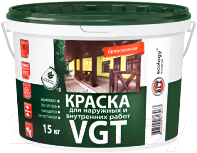 Краска VGT ВД-АК-1180 Для наружных и внутренних работ Моющаяся (15кг, белоснежный)