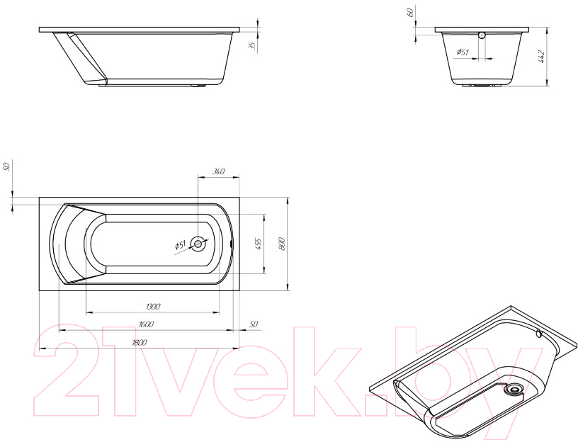 Ванна акриловая Eurolux Miamika 180x80 / E1018080023