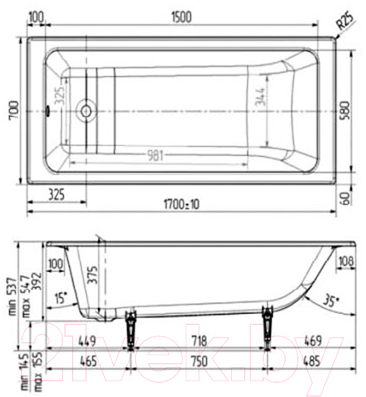 Ванна чугунная Wotte Вотте Line 170х70 / БП-э0000д1467