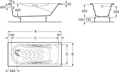 Ванна чугунная Roca Malibu 150x75 / 231560000 (без ножек) - габаритные размеры