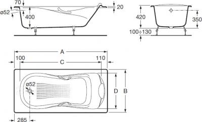 Ванна чугунная Roca Haiti 160x80 / A23307000R (с ножками) - габаритные размеры