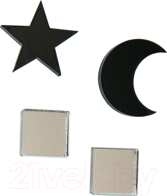 Комплект сережек Bublik Квадраты и луна, звезда 2 пары (черный/серебристый)