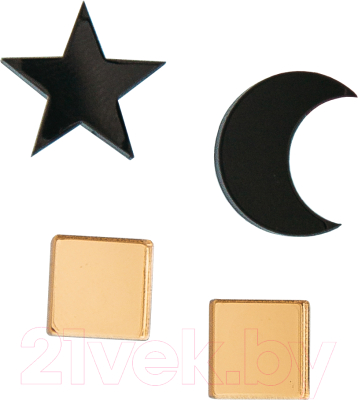 Комплект сережек Bublik Луна, звезда и квадраты 2 пары (черный/золото)