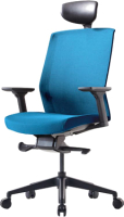 Кресло офисное Bestuhl J1 Black Pl с подголовником и подлокотником (синяя сетка/синяя ткань) - 