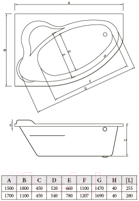 Ванна акриловая Bonito Home Rosa 170x110 L (с ножками)