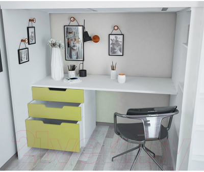 Кровать-чердак Polini Kids Simple с письменным столом и шкафом (белый/зеленый)