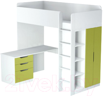 Кровать-чердак Polini Kids Simple с письменным столом и шкафом (белый/зеленый)