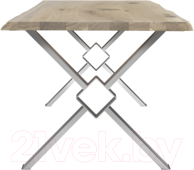 Обеденный стол Buro7 Икс-ромб с обзолом и сучками 150x80x76 (дуб беленый/серебристый)