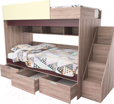 Двухъярусная кровать Мебель-КМК Бамбино 3-1 0527 (дуб сонома/бургунд/желтый)