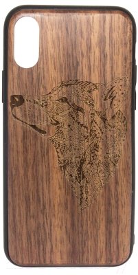 Чехол-накладка Case Wood для iPhone X (грецкий орех/волк I)