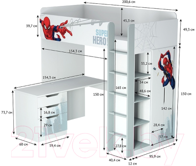 Кровать-чердак Polini Kids Marvel 4355 Человек паук (белый)