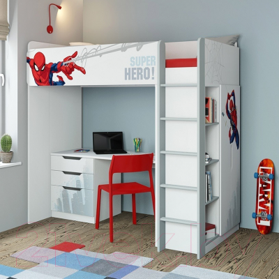 Кровать-чердак Polini Kids Marvel 4355 Человек паук (белый)