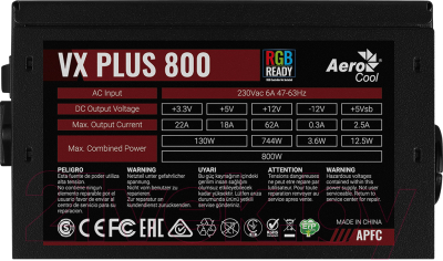 Блок питания для компьютера AeroCool VX-800 Plus RGB 800W