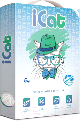 

Наполнитель для туалета iCat, Антибактериальный, комкующийся белый в коробке