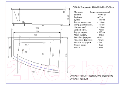 Ванна акриловая Aquatek Оракул 180x25 R (с гидромассажем и экраном)