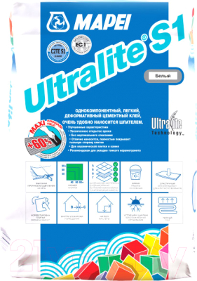 Клей для плитки Mapei Ultralite S1 (15кг, белый)