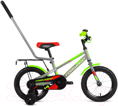 Детский велосипед с ручкой Forward Meteor 14 2021 / 1BKW1K1B1010 (серый/зеленый)