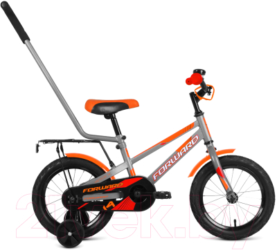 Детский велосипед с ручкой Forward Meteor 14 2021 / 1BKW1K1B1024 (серый/оранжевый)
