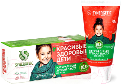 Зубная паста Synergetic Клубничка и банан от 3 до 6 лет красная (50г)