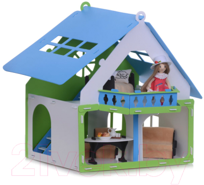 Кукольный домик Krasatoys Дачный дом. Варенька с мебелью / 000257 (белый/голубой)