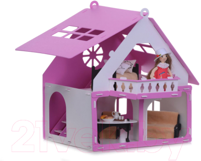 Кукольный домик Krasatoys Дачный дом. Варенька с мебелью / 000256 (белый/розовый)