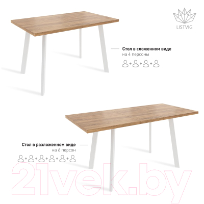 Обеденный стол Listvig Фин 120-152x70 (дуб/белый)
