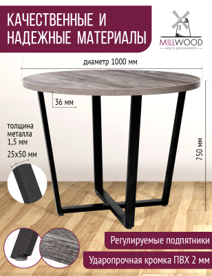 Обеденный стол Millwood Лофт Орлеан Л D100x75 (сосна пасадена/металл черный)