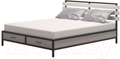 Двуспальная кровать Millwood Neo Loft КМ-1.8 Л 207x202x94 (дуб белый Craft/металл черный)