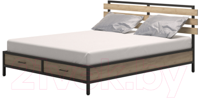 Двуспальная кровать Millwood Neo Loft КМ-1.8 Л 207x202x94 (дуб золотой Craft/металл черный)