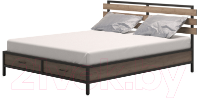 Двуспальная кровать Millwood Neo Loft КМ-1.8 Л 207x202x94 (дуб табачный Craft/металл черный)