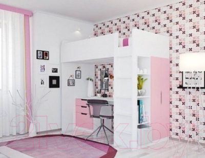 Кровать-чердак Polini Kids Simple с письменным столом и шкафом (белый/розовый)